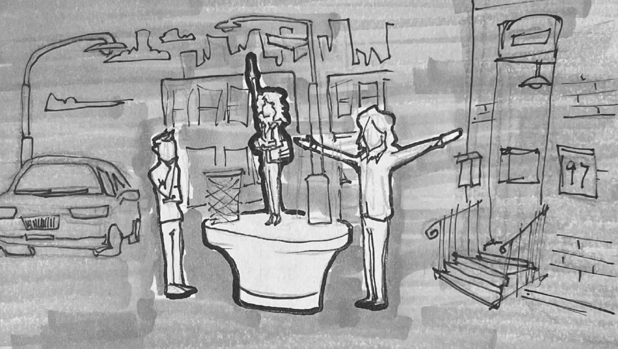 Storyboard sketch of Danielle at a laptop