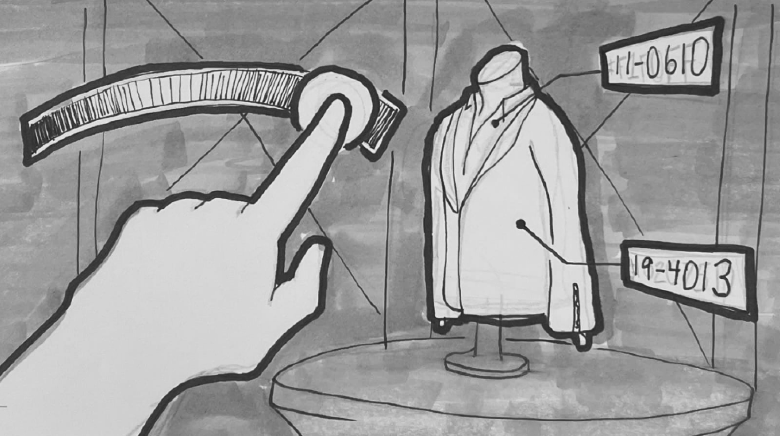 Storyboard sketch of Danielle at a laptop